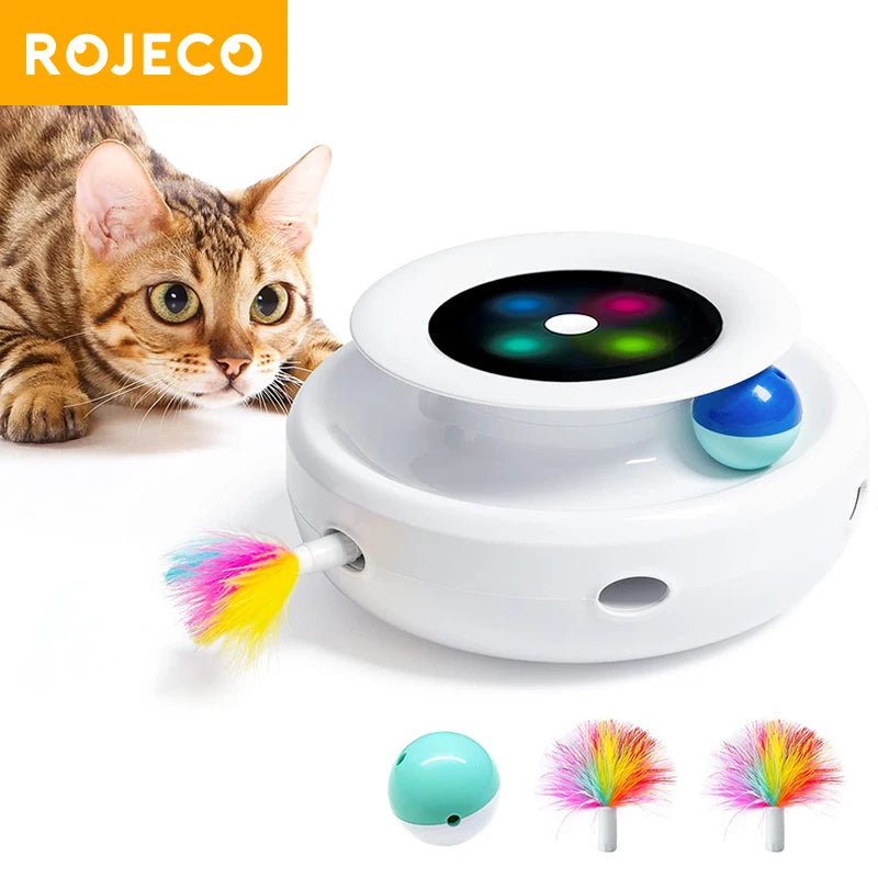 ROJECO Jouet Interactif Intelligent 2-en-1 pour Chat et Chien – Plumes Automatiques & Balle Ludique, 5 Modes de Jeu