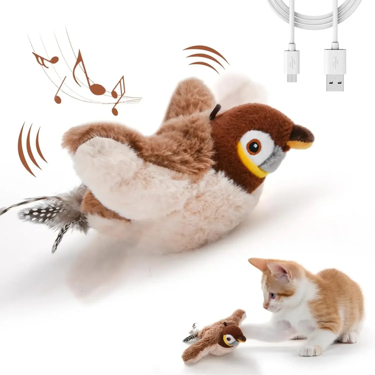 Oiseau Interactif pour Chat – Jouet Électronique avec Ailes Battantes, Son Réaliste & Herbe à Chat