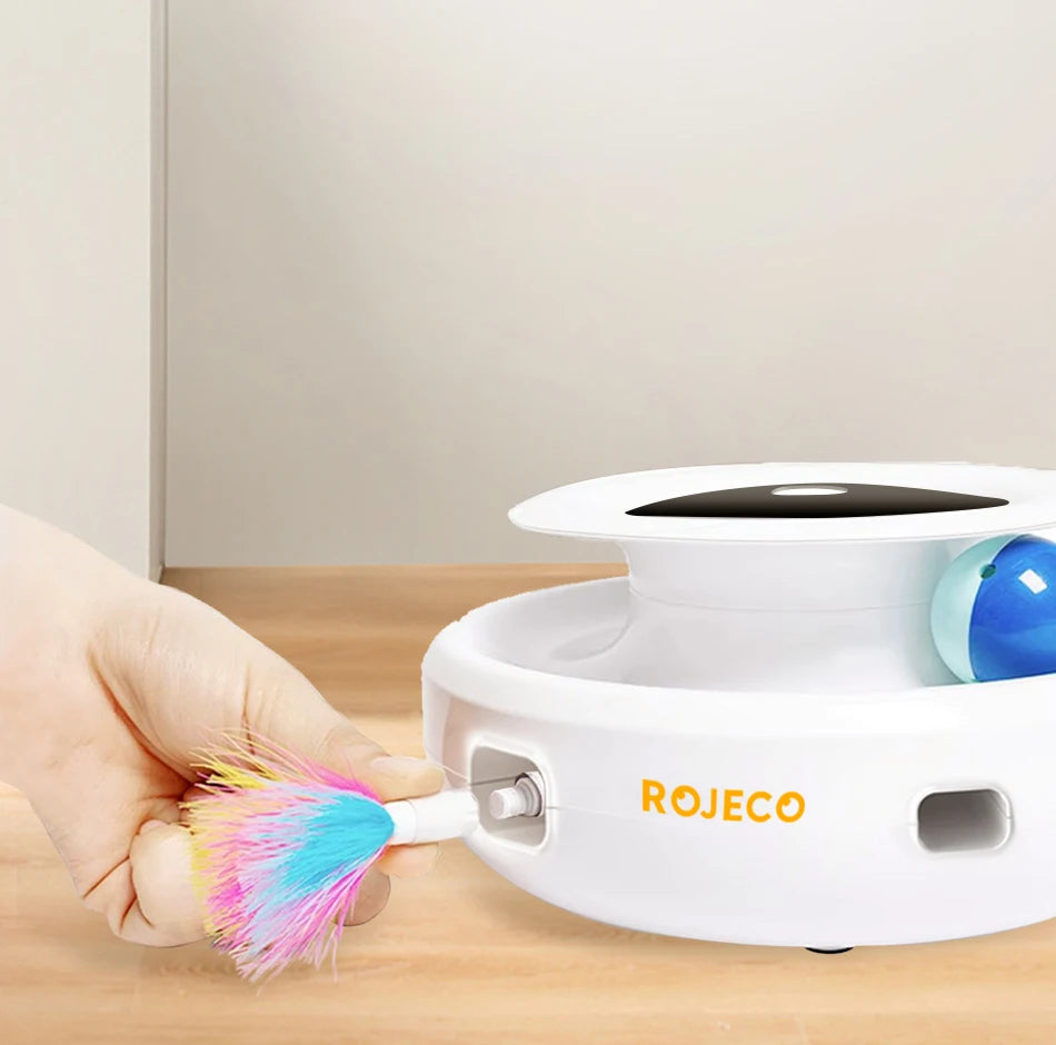 ROJECO Jouet Interactif Intelligent 2-en-1 pour Chat et Chien – Plumes Automatiques & Balle Ludique, 5 Modes de Jeu