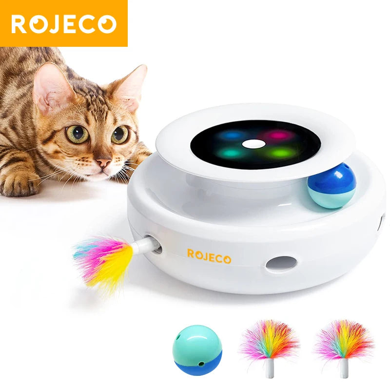 ROJECO Jouet Interactif Intelligent 2-en-1 pour Chat et Chien – Plumes Automatiques & Balle Ludique, 5 Modes de Jeu