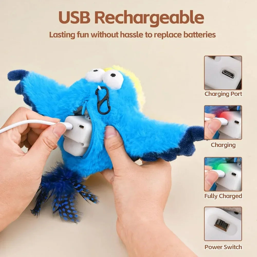 Oiseau Interactif pour Chat – Jouet Électronique avec Ailes Battantes, Son Réaliste & Herbe à Chat