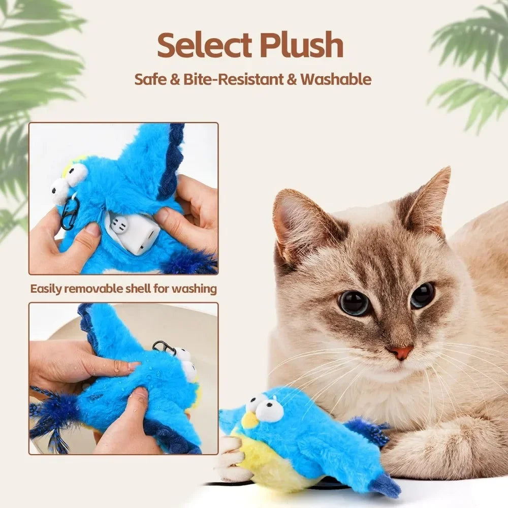 Oiseau Interactif pour Chat – Jouet Électronique avec Ailes Battantes, Son Réaliste & Herbe à Chat