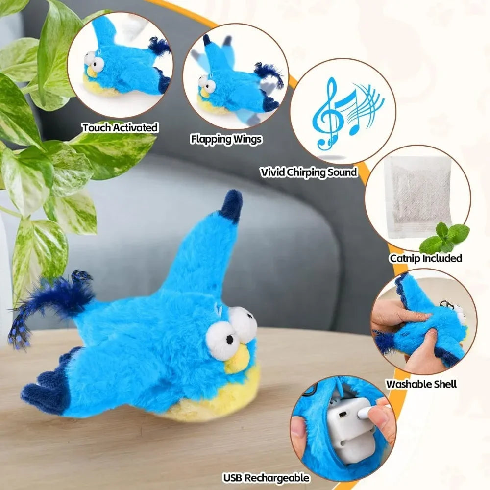 Oiseau Interactif pour Chat – Jouet Électronique avec Ailes Battantes, Son Réaliste & Herbe à Chat