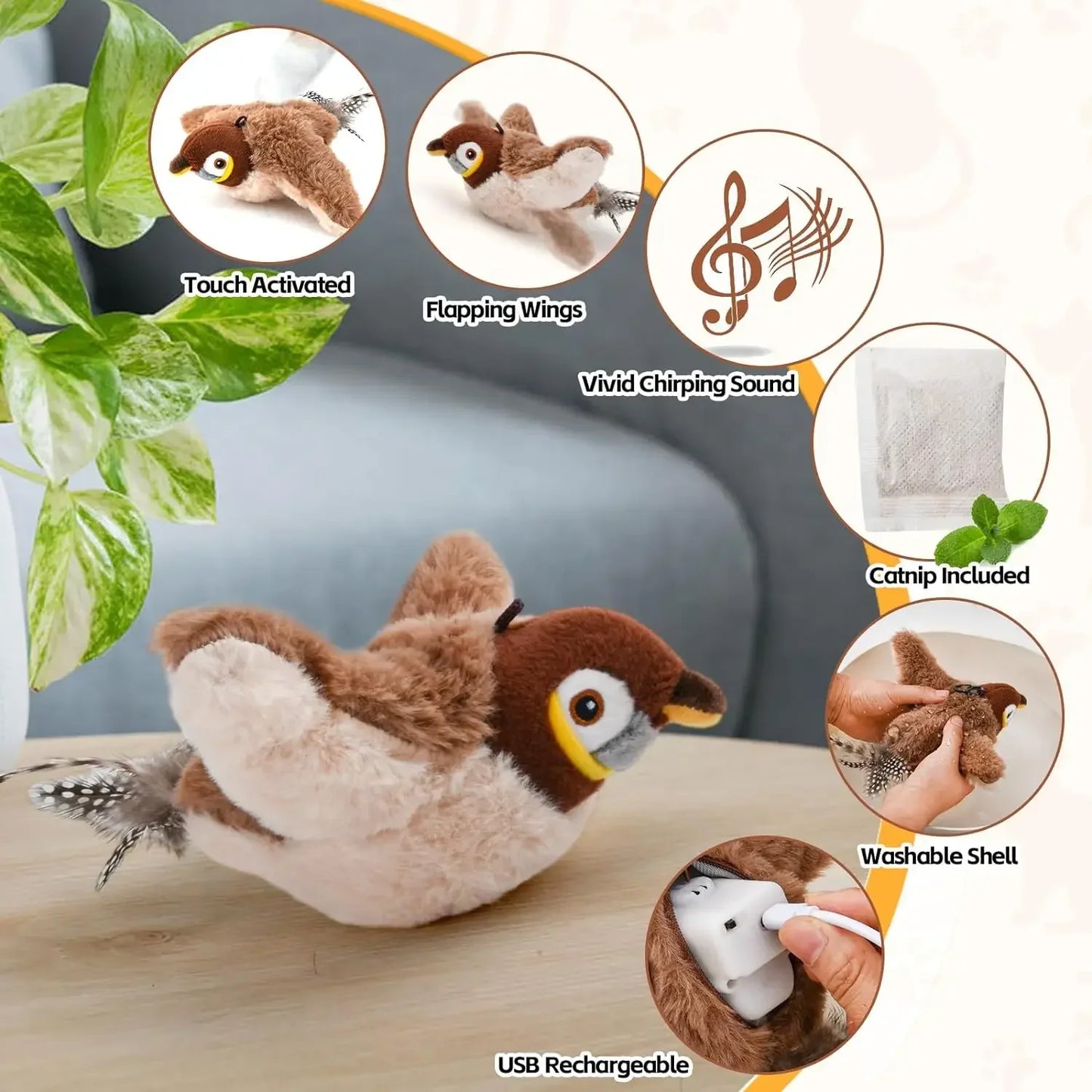 Oiseau Interactif pour Chat – Jouet Électronique avec Ailes Battantes, Son Réaliste & Herbe à Chat