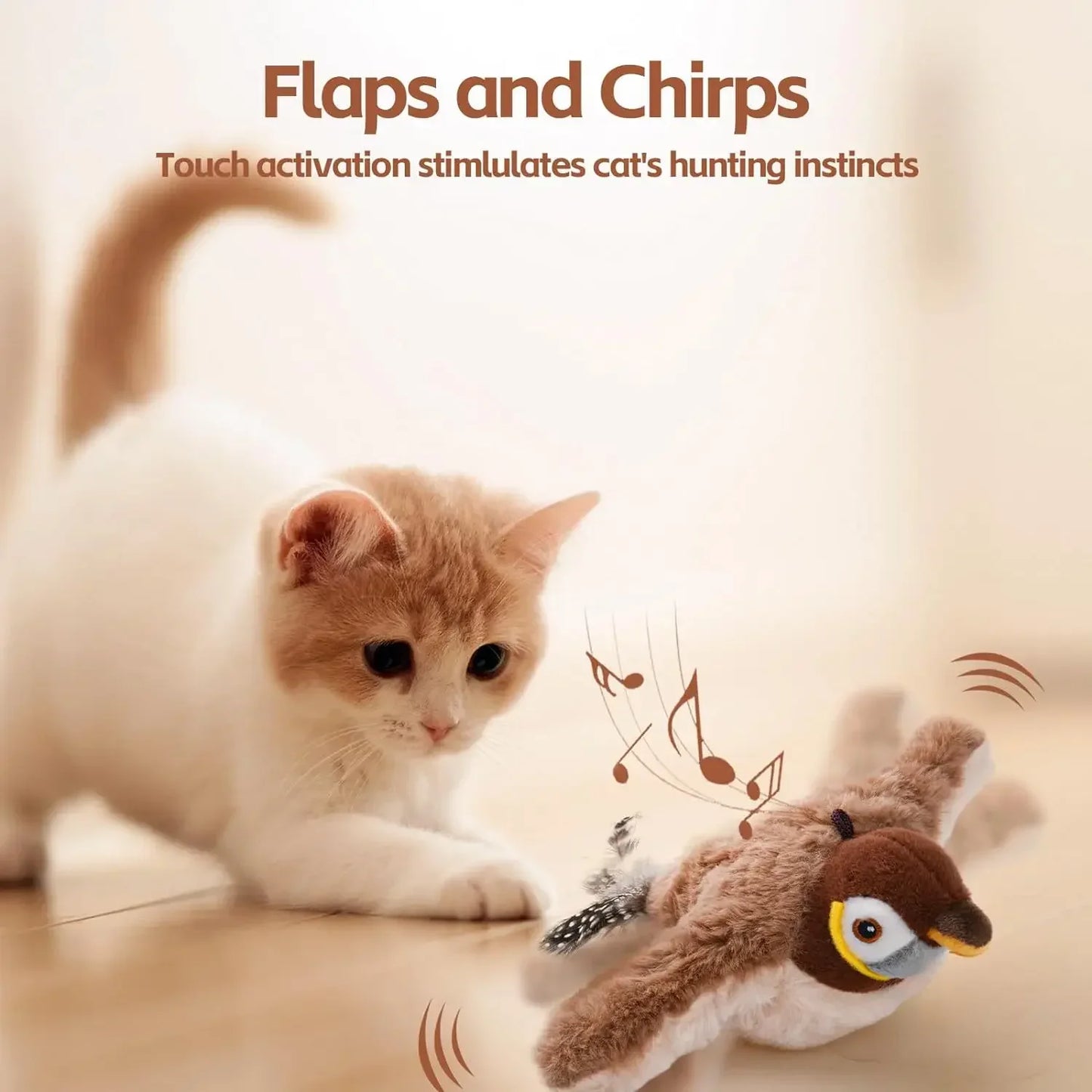 Oiseau Interactif pour Chat – Jouet Électronique avec Ailes Battantes, Son Réaliste & Herbe à Chat