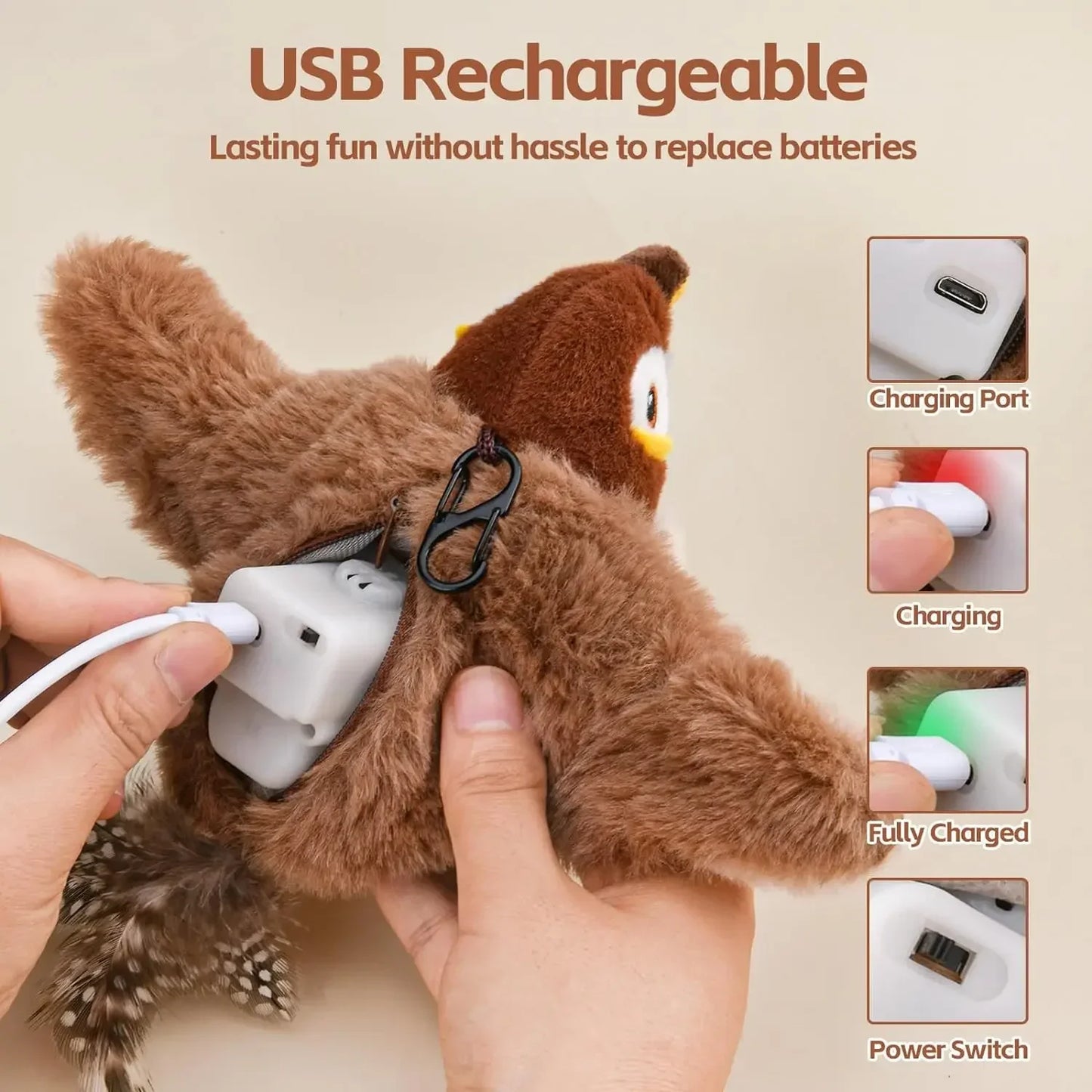 Oiseau Interactif pour Chat – Jouet Électronique avec Ailes Battantes, Son Réaliste & Herbe à Chat