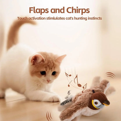 Oiseau Interactif pour Chat – Jouet Électronique avec Ailes Battantes, Son Réaliste & Herbe à Chat